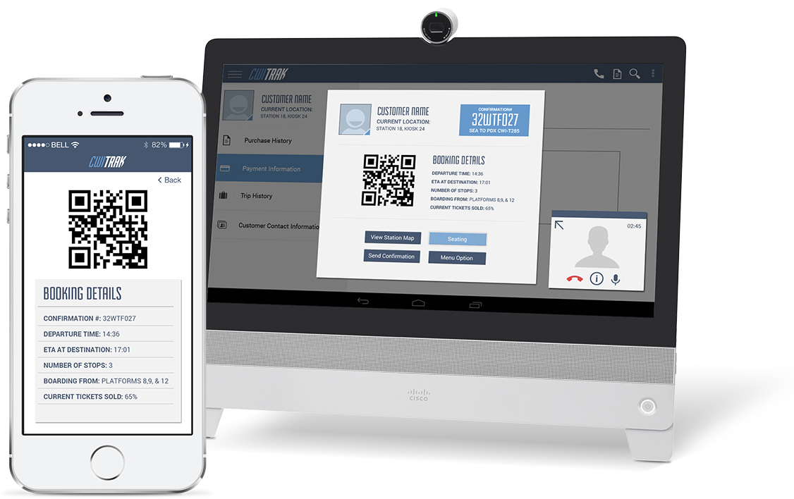 An iPhone with a train ticket in an app and a Cisco DX80 customer service terminal